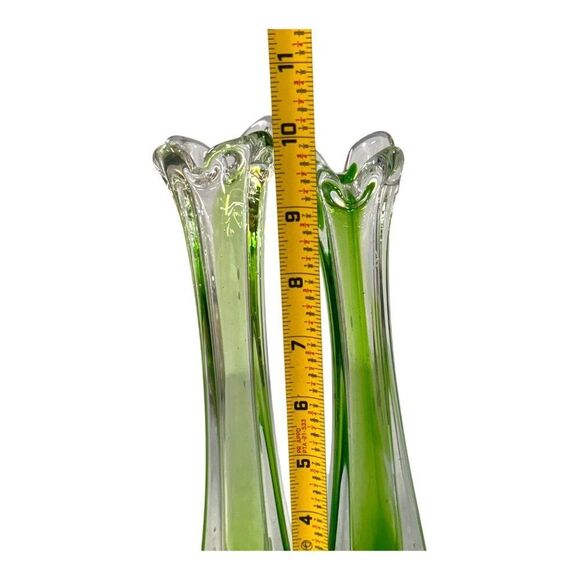 Vintage Green Fluted Swung Glass Vase Set  Lot of 2 MCM Tall Art Deco Style 10" - Picture 4 of 4